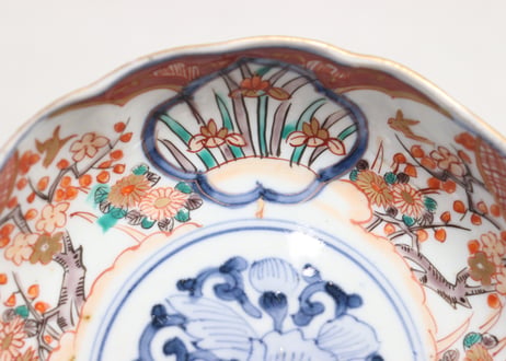 明治前期色絵梅に鶯と菖蒲図通り物なます皿