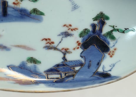 江戸中期色絵山水図舟形皿 小ホツ