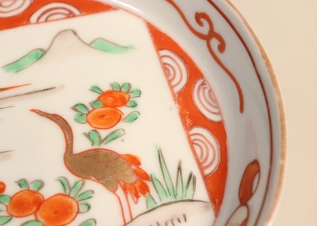 明治前期色絵山水に鶴図縁立ち小皿