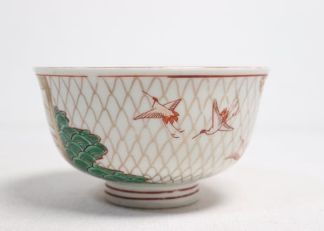 明治前期色絵網手に鶴と梅に鶯図通り物飯茶碗