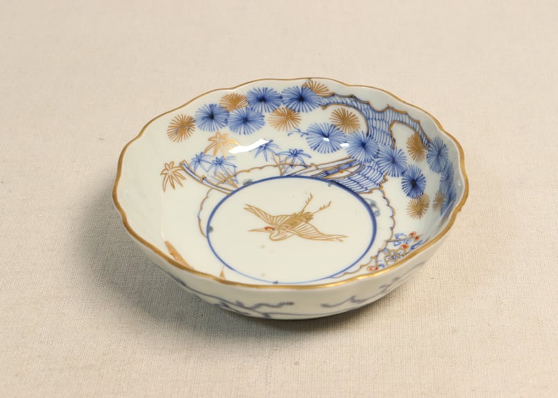 江戸幕末金彩染付松竹梅に鶴亀図なます皿②フリモノ | 吉祥寺