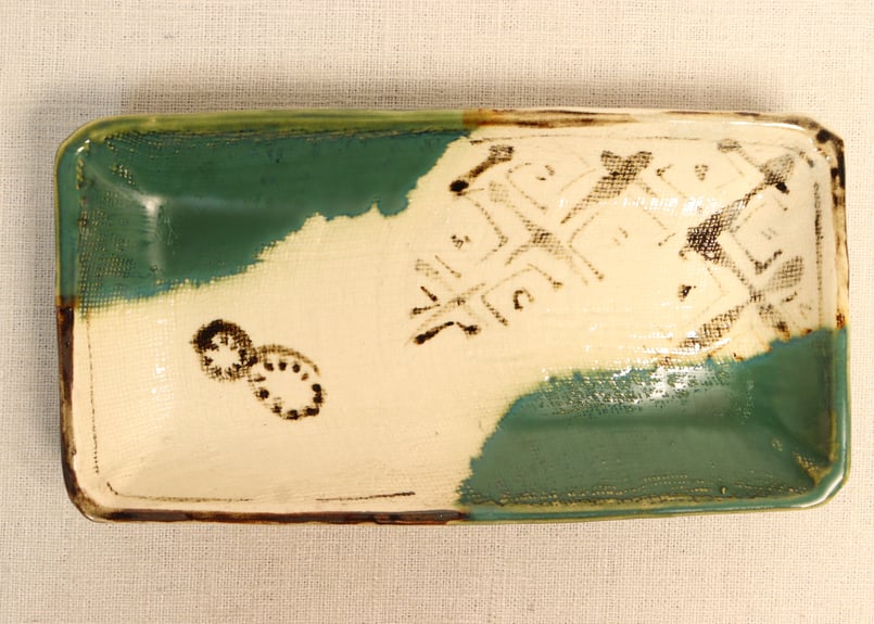 明治後期～大正織部焼幾何学文長皿 5客組 1客かたつき,シミ有り