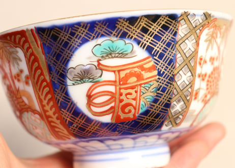 明治前期色絵桃と松竹梅図飯茶碗