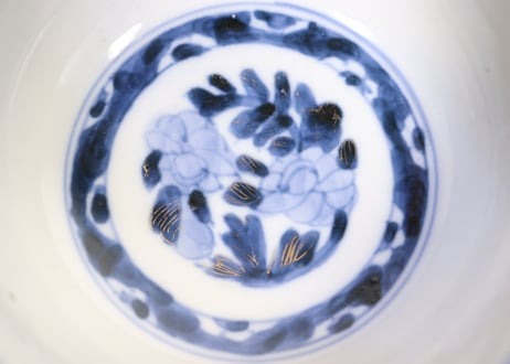 明治前期色絵芭蕉と亀甲図飯茶碗 釉剥げ
