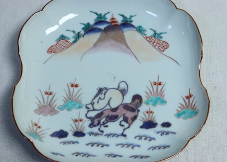 江戸中期色絵馬図四弁通り物7寸変形皿 　5客組