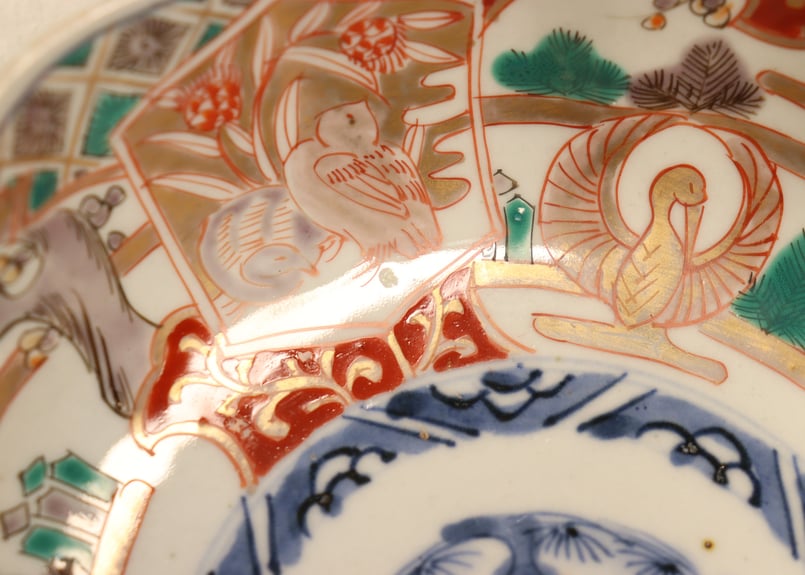 明治前期色絵鶉と鶴丸図大なます皿① 見込み濃いめ | 吉祥寺PukuPuku