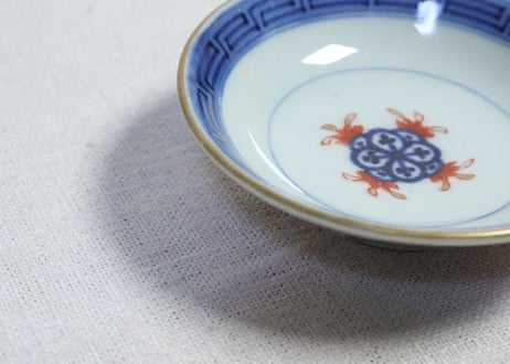 江戸後期色絵吉文字と七宝文図通り物飯茶碗　５客組