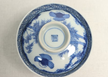 江戸幕末染付竹林雀図蓋茶碗　5客組