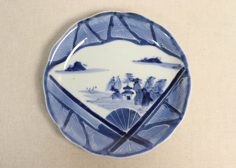 江戸幕末染付扇面に山水図7寸皿 | 吉祥寺PukuPuku