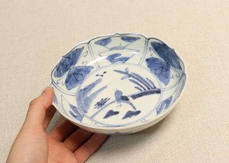 江戸後期染付鳥と花図なます皿