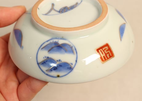 江戸幕末金彩朝顔と山水図飯茶碗
