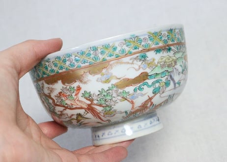 明治前期色絵山水と花鳥図蒸茶碗
