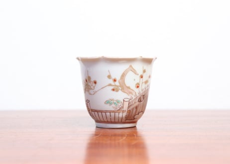 江戸中期色絵芝垣に梅と鶯図輪花向付 五客組 1ヶノミホツ