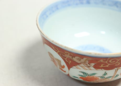 明治前期色絵瓢箪に蝶と花鳥図飯茶碗①
