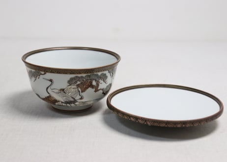 明治前期九谷焼色絵松鶴図通り物蒸茶碗