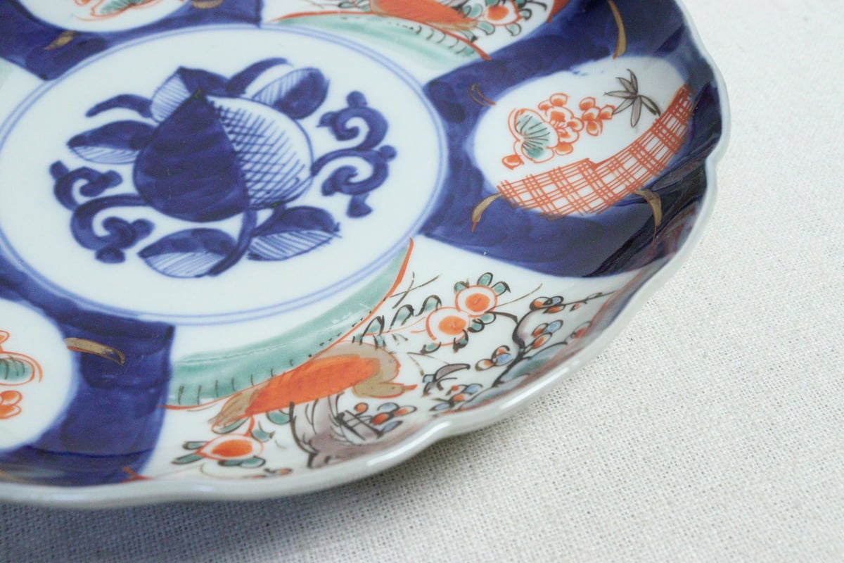 明治前期色絵桃と三方に花鳥図7寸皿 | 吉祥寺PukuPuku