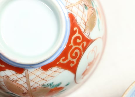 明治前期色絵瓢箪に蝶と花鳥図飯茶碗①