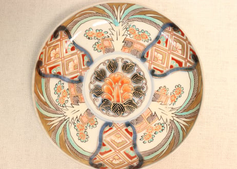 明治前期色絵三方に芭蕉と菊図5寸皿