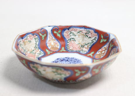 明治前期大聖寺焼色絵四方に宝と鶴図八角なます皿②ノミホツ