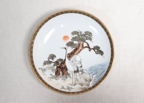 明治前期九谷焼色絵松鶴図通り物5寸皿②ムシクイ