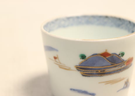 江戸後期色絵山水図猪口③　窯傷,高台ホツ
