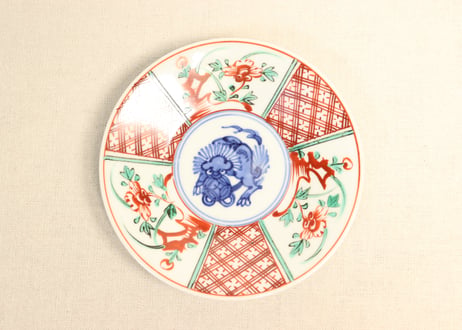大正～昭和戦前色絵獅子と三方に牡丹図5寸皿