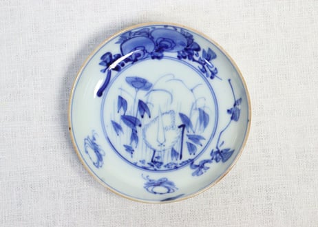明治前期染付鷺と草花図小皿