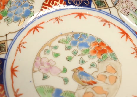江戸幕末色絵牡丹と花鳥図なます皿