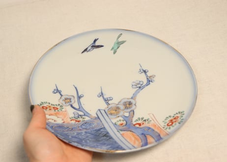 明治後期～大正色絵銅判梅に鶯図8寸皿