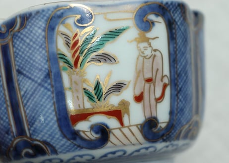 江戸中期色絵四方芭蕉と人物図角向付 ノミホツ