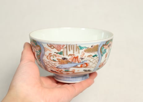 明治前期色絵三方鮎図蒸茶碗