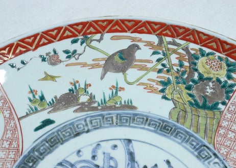 明治前期色絵ザクロに鳥図尺５寸皿
