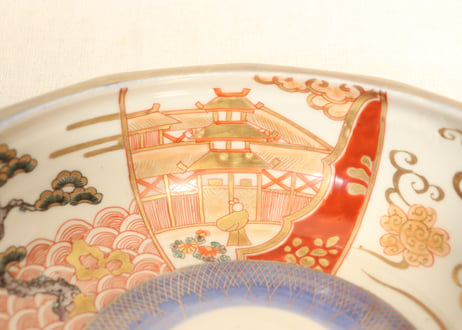 明治前期色絵松に楼閣と丸文十二角縁6寸鉢