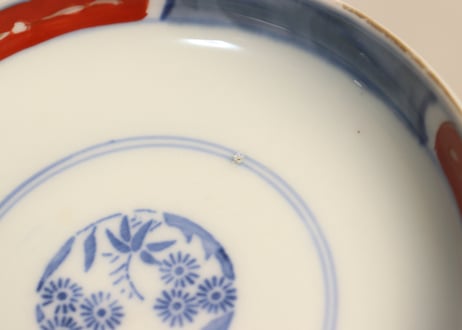 明治前期色絵獅子牡丹と幾何学文図飯茶碗②窯傷