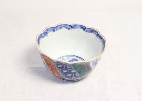 明治前期色絵幾何学文と草花図捻子輪花向付5客組 2客部分甘手