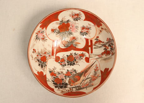 明治前期九谷焼赤絵花鳥図三ツ組鉢 小サイズ少甘手有り