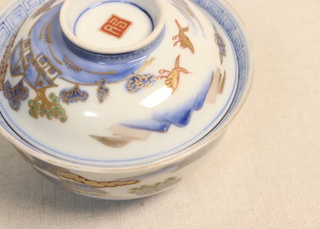 明治前期金彩染付山水図通り物飯茶碗②薄め