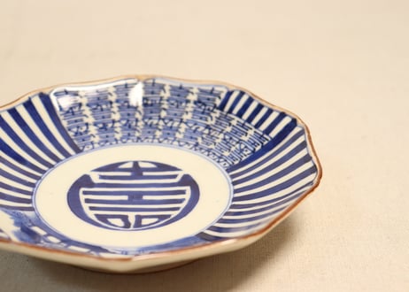 明治後期～大正染付山水と寿文字図十弁5寸皿②薄め