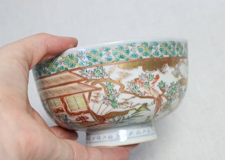 明治前期色絵山水と花鳥図蒸茶碗