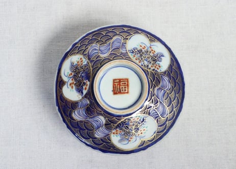 明治前期色絵草花に波図蒸茶碗①　 色擦れ