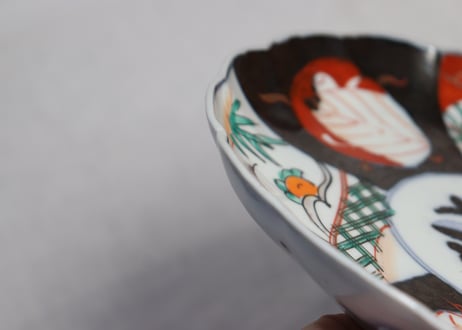 明治前期色絵桃に竹と葉図8寸皿