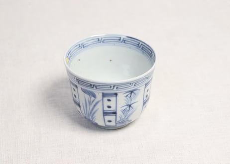 江戸幕末染付六方に草花図向付 小ホツ