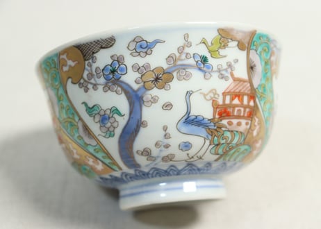 明治前期色絵鶴と松竹梅図通り物飯茶碗