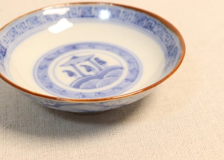 明治前期染付三方に山水窓絵と萩唐草図イゲ縁通り物飯茶碗