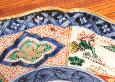 江戸中期色絵山水と牡丹図7寸皿 5客組