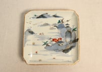 江戸中期色絵山水図角皿②　ノミホツ