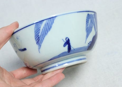 明治後期～大正染付山水に芭蕉図蒸茶碗