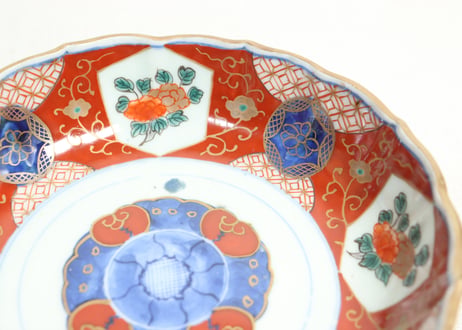 江戸幕末色絵牡丹と青玉図通り物大なます皿　染料飛び,窯傷