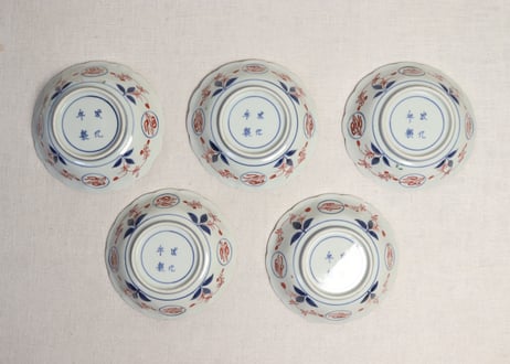 江戸中期色絵竹梅に亀甲菱花図なます皿①5客組　窯傷