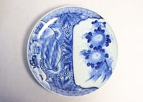 江戸幕末染付窓絵に菊と波に蝶図尺皿　フリモノ